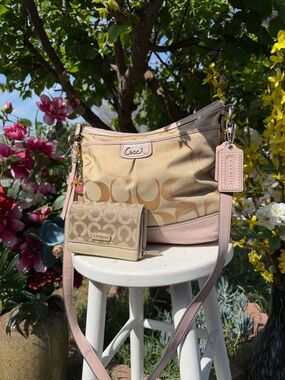 Coach Beige Signature Canvas Crossbody with Pink Trim